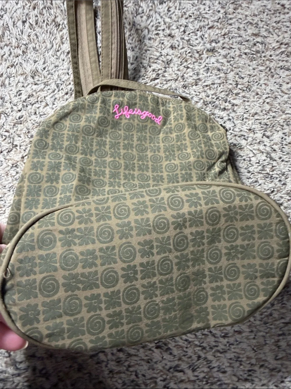 Retired Life Is Good Olive Patterned Sling Backpack with Pink Logo